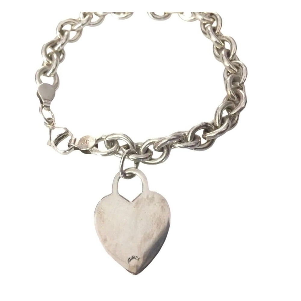 Designer 925 sterling silver cable chain bracelet large Heart charm 7''L signed - Picture 11 of 13